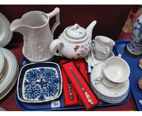 A Portmeirion Heritage Collection Moulded Jug, Botanic Garden teapot, three Royal Crown Derby Imari handled paper knives (box