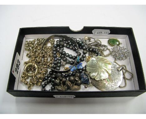 "925" Brooch, mini enamel butterfly brooch stamped "JA&S", shell pendant, chain, fresh water pearls, etc.