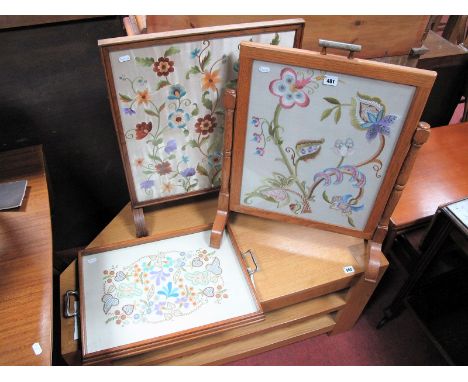 A 1930's Oak Framed Occasional Table/Firescreen, moulded outlines, arched feet, with silk work foliate tapestry panel; togeth