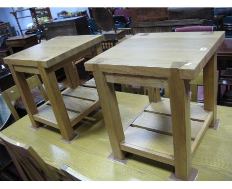 A Pair of Oak Lamp Tables, with dovetail tops, square legs, with undershelves. 