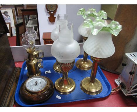 A Pair of Brass Table Lamp Bases, with matched opaque and green frilled shades, a pair of mid XX Century table lamps, two por