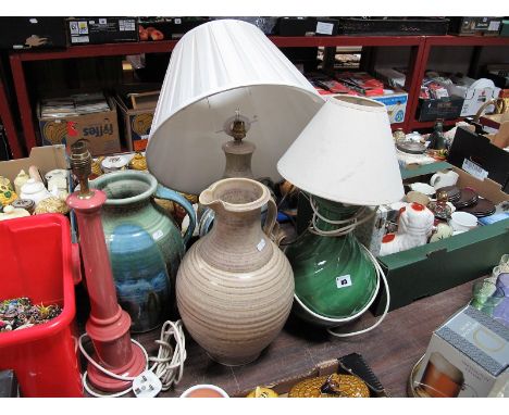 A Large Stoneware Pitcher, another with green streaked glaze; together with three pottery lamp bases and two shades. (5) 