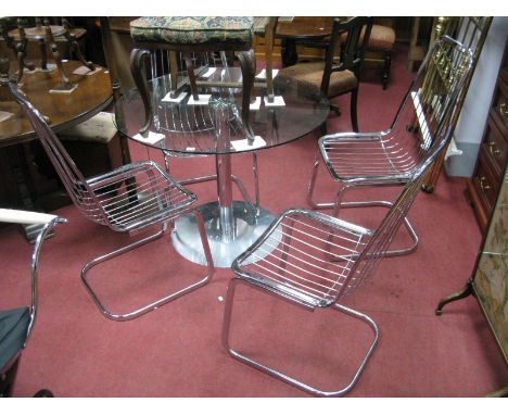 Set of Four Vintage Chrome Dining Chairs, of cantilever form each with all in one rails to back and seat. 