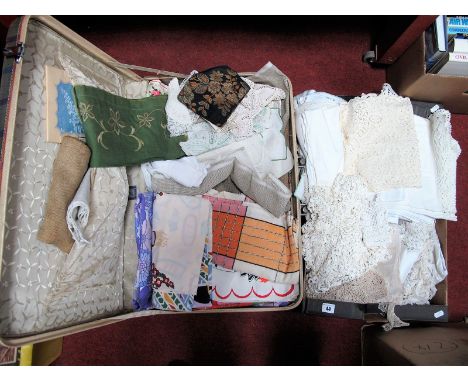 Crochet and Embroidered Table Linen, tapestry panels, etc:- One Box and a Suitcase.