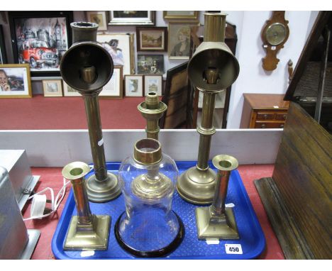 A Victorian Brass Reading Reflector Candle Lamp, a further example, a Victorian brass lamp with clear spun glass and amber ri