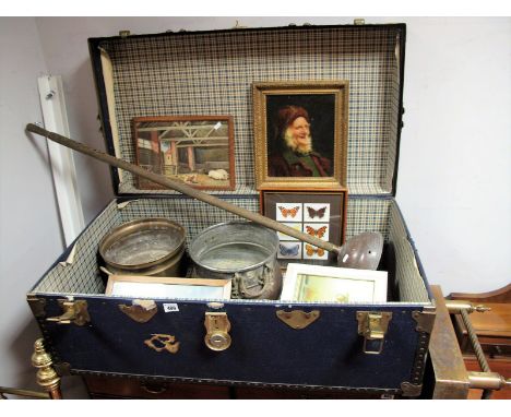 An 'Overpond' Travel trunk, brass fender, brass Jardiniere, copper posher and twin handled pot, together with a oil portrait 
