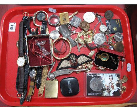Wristwatches, coins, military issue whistle, RAF cloth badge, enamel and other badges, caddy spoon, etc:- One Tray