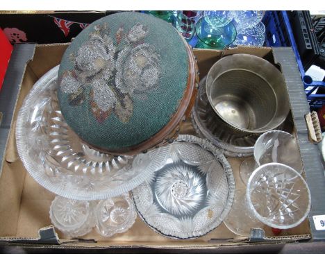 A XIX Century Foot Stool, blue flash glass fruit bowl, other glassware:- One Box