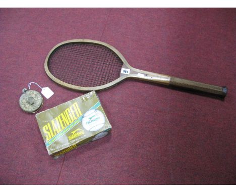 Sporting- A Vintage Circa 1930's Tennis Racquet, a box of six Slazenger tennis balls and a "Lawn Tennis" measure.