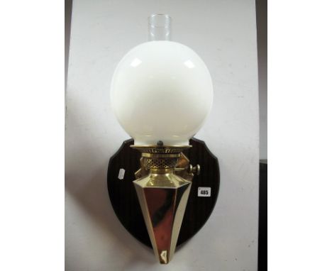 Vintage Lighting- A Pair of Circa 1920's/30's Art Deco Oil Lamps, on later wooden shields, with brass frames and white glass 