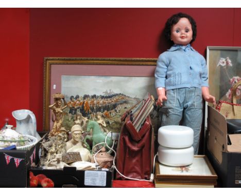 Resin Figures, resin horse, cutlery, leather briefcase, table light (untested, sold for parts), vintage cook books, film revi