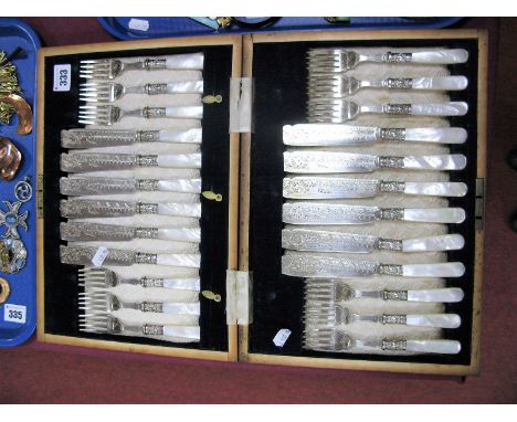 A Wooden Cased Set of Twelve Decorative Mother of Pearl Handled Fish Knives and Forks. 