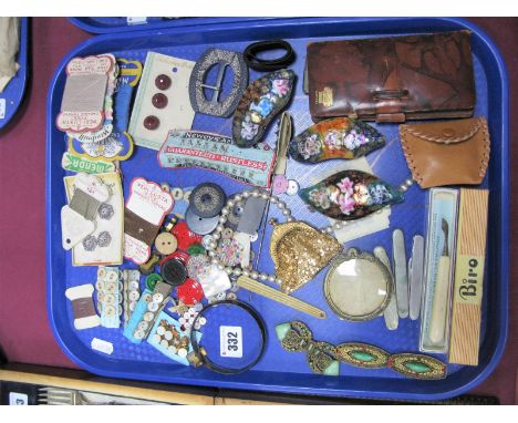Art Deco Buckles, buttons and mother of pearl examples, needlework set, mesh purse, penknives, etc:- One Tray
