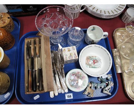 Set of Six Horn Handled Table Knives, six mother of pearl handled dessert knives and forks, Wedgwood Peter Rabbit childs tabl