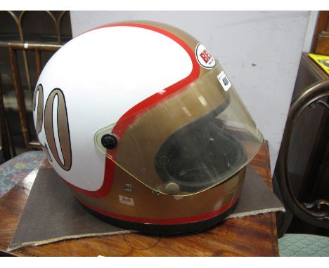A Contemporary Bell Full Face Motorcycle Helmet, repainted as a replica of the helmet Mike Hailwood wore in the 1971 Daytona 