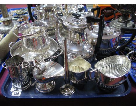 A Quantity of Electroplated Wares, including a four piece tea service with gadrooned lower body, sugar helmet and server, ice