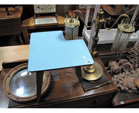 A Brass Two Branch Table Lamp, with glass drops, on a circular base, retro childs chair and a Georgian style mirror. (3)