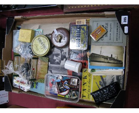 Vintage Advertising Tins, Chesterman tape measure, postcards, cloth and enamel badges, "O" gauge tinplate crossing, diecast r