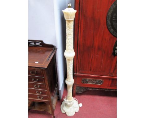 A XX Century Carved Alabaster Standard Lamp, double knopped column with textured detailing and foliage throughout. 