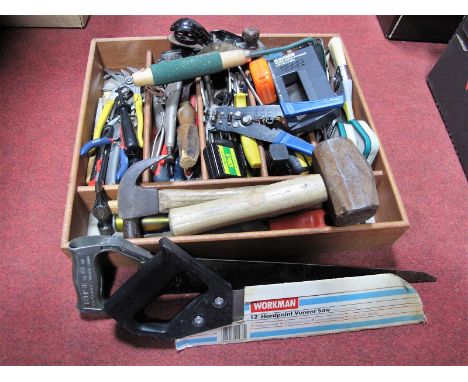 Hand Tools, including woodworking and electrical tools, in sectional wooden box. 