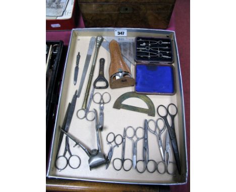 A Morocco Cased Geometry Set, scissors, clippers, infuser, etc:- One Tray