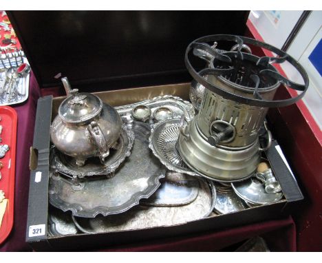 An Electroplated Twin Handled 'Apex' Burner, electroplated teapot, salvers, gallery tray, salts, Victorian jug, novelty knife