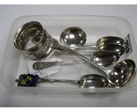 A Scottish Hallmarked Silver Sauce Ladle, together with a set of three bright cut teaspoons, a caddy spoon, napkin ring, etc.