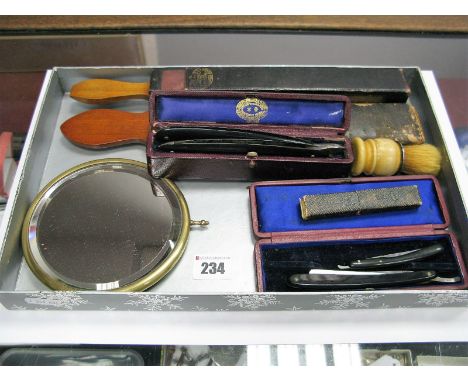 Vintage Shaving Equipment- two razors in a Joseph leather case, another with one razor, a cased corn razor, bevelled glass br