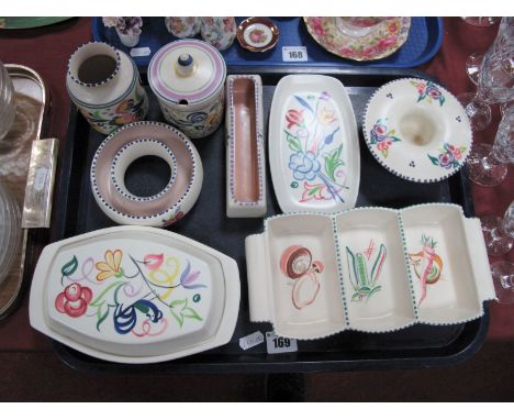 Poole Pottery- Eight Pieces of Mid XX Century Stylised Floral Items, to include posy ring, butter dish, jam pot:- One Tray 