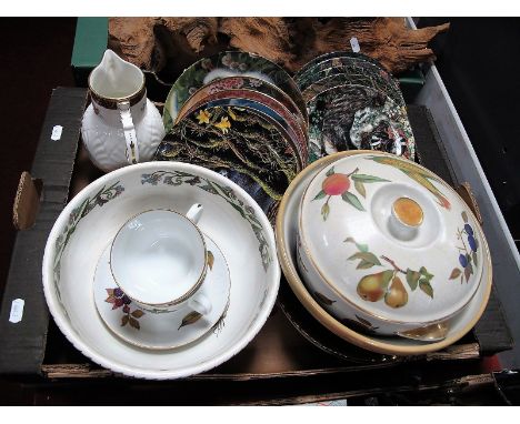 A Portmeirion "Botanic Garden" Fruit Bowl, Royal Worcester "Evesham" tureen, Coalport jug, mixing bowl and Royal Doulton cabi