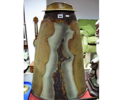 A Circa 1970's Large Studio Pottery Saltglaze Stoneware Floor Vase, of compressed oval form, abstract design with cracked, mu