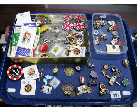 Badges- Twenty Football Club, Queen Mary, Speedway, RAF, Lucas, Butlins Pwllheli 1953, British Rail, walking stick mounts, mi