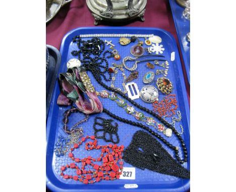 Ruskin Style Ceramic Panel Brooch, beads, further brooch, bracelet, hair ornament, belt, etc:- One Tray