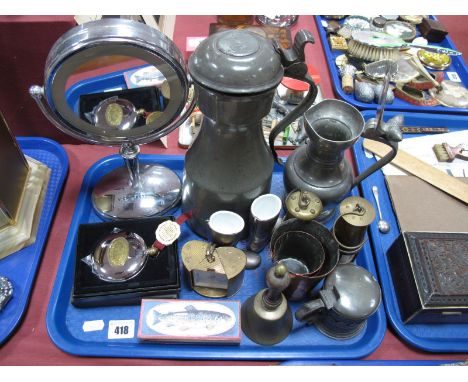 A XIX Century Pewter Jug, 'I.B' to lid, mini miners lamp, etc:- One Tray 