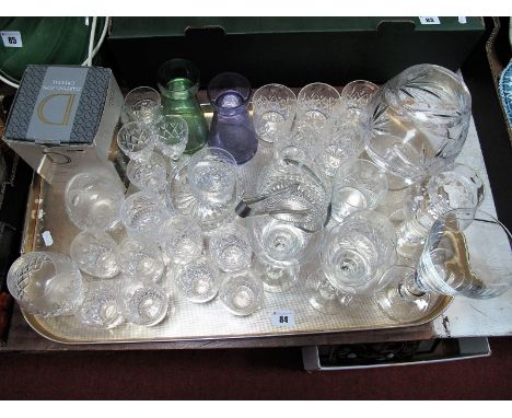 Cut Glassware, Dartington tankard, (boxed), candlesticks, ice bucket, amethyst and green bulb vases, etc:- One Tray