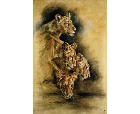 A VICTORIA MacDERMOTT (Irish) hand numbered limited edition print on canvas: "Study of Four Lionesses" One of only 95 Worldwi