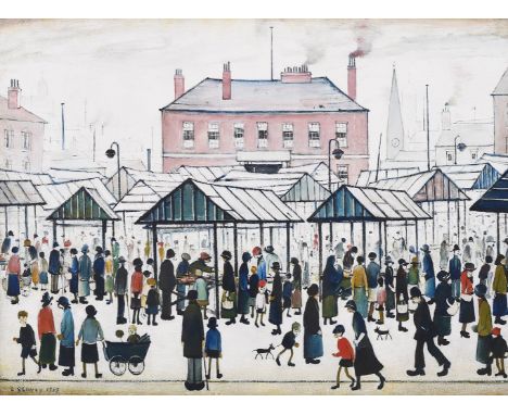 One of only 99 published worldwide. L S LOWRY limited edition titled "MARKET SCENE, NORTHERN TOWN, 1939" with signed certific