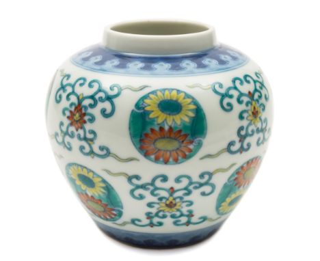 A Chinese doucai 'chrysanthemum' jar: of ovoid form with short inverted rim, painted with eight double chrysanthemum medallio
