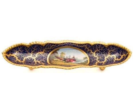 A Flight Barr & Barr Worcester pen tray: of shaped oval form with gadroon rim, painted with an oval panel of a 'fancy' bird i