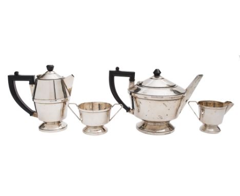 An Art Deco period  four-piece tea service, maker A L Davenport Ltd, Birmingham, 1932/33: of conical tapering form, on circul