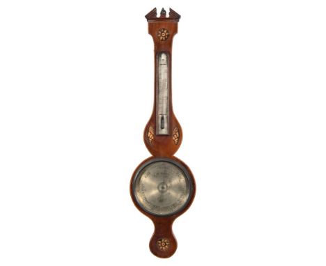 M. Maggi Exeter, a mahogany Sheraton style wheel barometer: having an eight-inch round silvered dial with blued steel hand si
