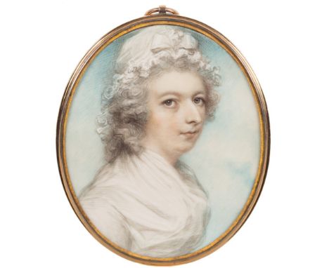 Circle of Andrew Plimer [1763-1837]-A miniature portrait of a lady,:-with long powdered hair and brown eyes,wearing a white s