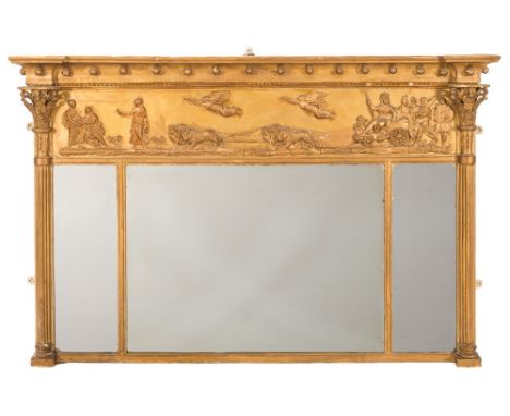 A 19th Century later gilt decorated landscape overmantel mirror:, with a moulded cornice of recessed breakfront outline with 
