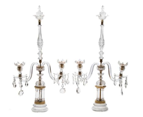 A pair of 19th century glass and gilt metal twin branch table lights: the central single nozzle with urn-shaped glass finial 