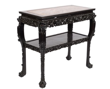 A Chinese carved hardwood rectangular side table:, the top inset with a panel of rouge variegated marble with a beaded edge, 
