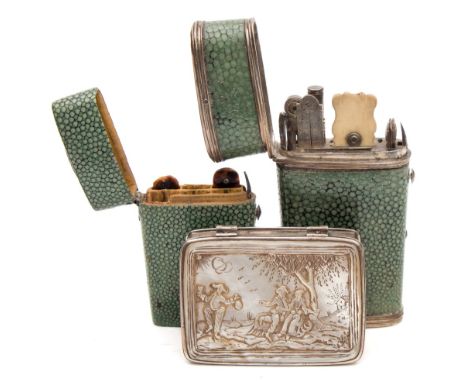 A silver and mother of pearl box and two shagreen cases: the former of rectangular form, the hinged cover inset with a mother