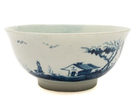 A First Period Worcester blue and white waste bowl: with flared rim, painted with 'The Gazebo' pattern, painter's mark, circa