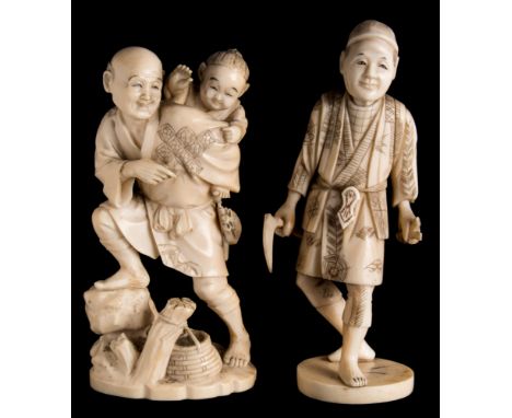 Two Japanese ivory okimonos: the first in the form of a smiling man holding a gourd and carrying his waving son on his back, 