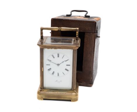Levin and Cie, Paris a Corniche carriage clock: the eight-day duration movement striking the hours and half-hours on a bell w