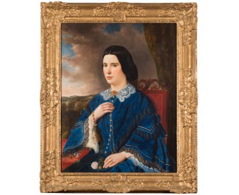 British School 19th Century-Portrait of a lady, half-length seated,:-wearing a blue dress with lace trim and a chain necklace
